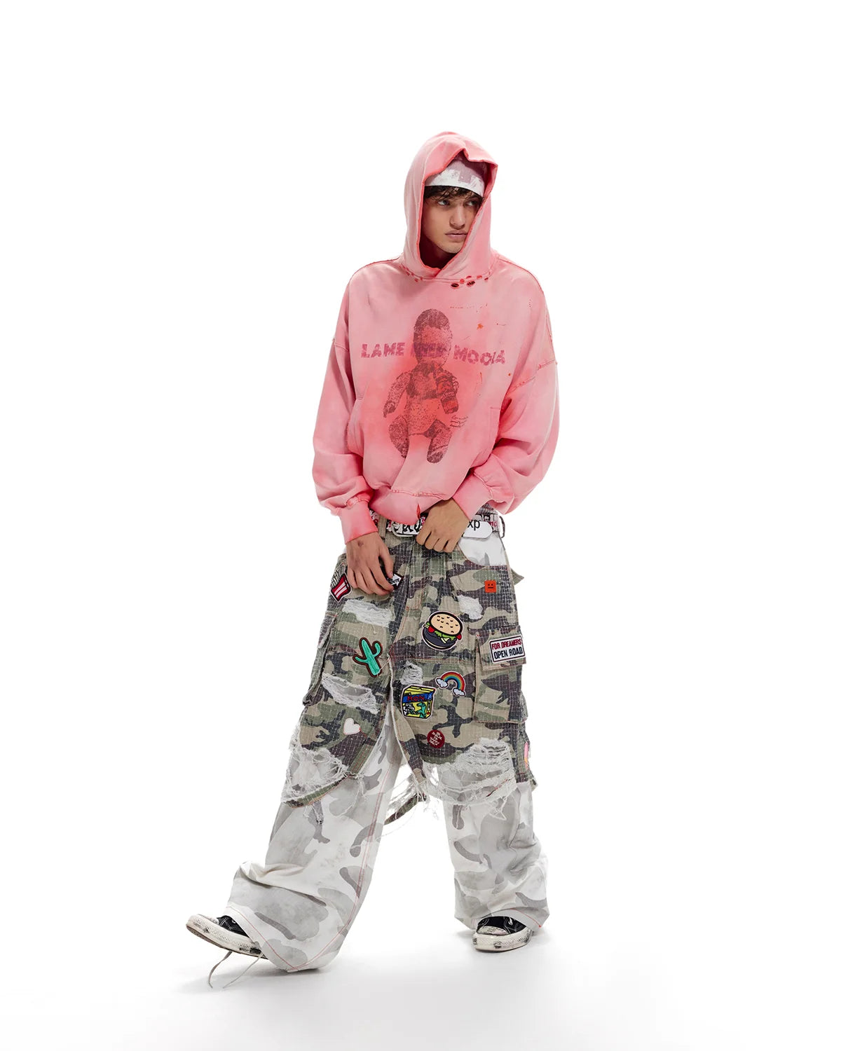 LNM Distressed Camo Patchwork Layered Pants