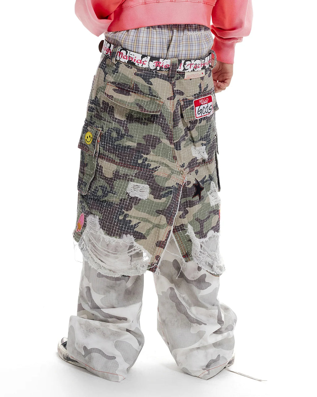 LNM Distressed Camo Patchwork Layered Pants