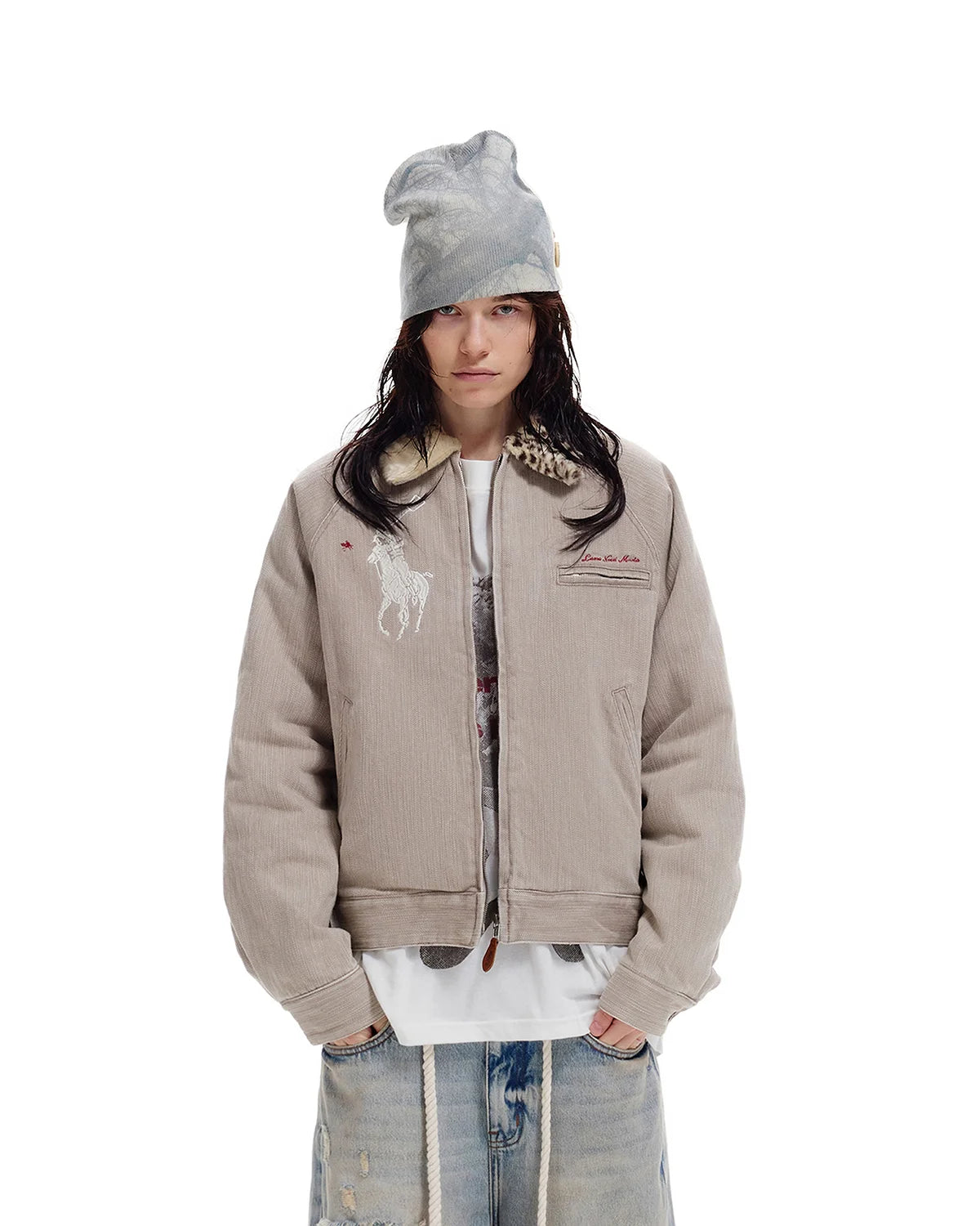 LNM Leopard Fur-Collar Slub Twill Jacket