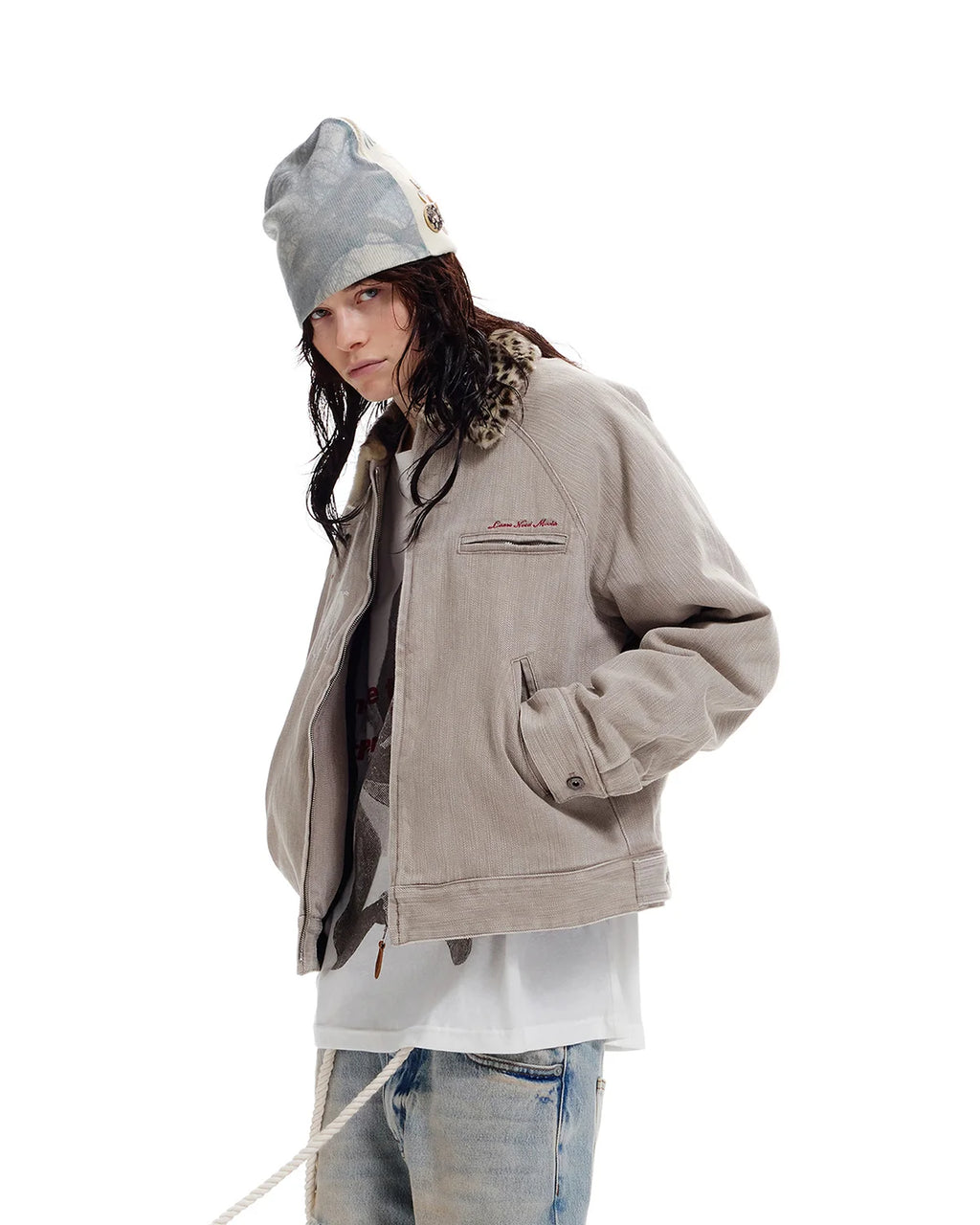LNM Leopard Fur-Collar Slub Twill Jacket
