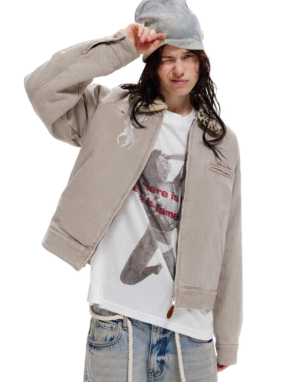LNM Leopard Fur-Collar Slub Twill Jacket