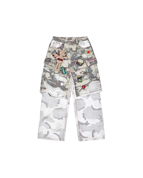 LNM Distressed Camo Patchwork Layered Pants