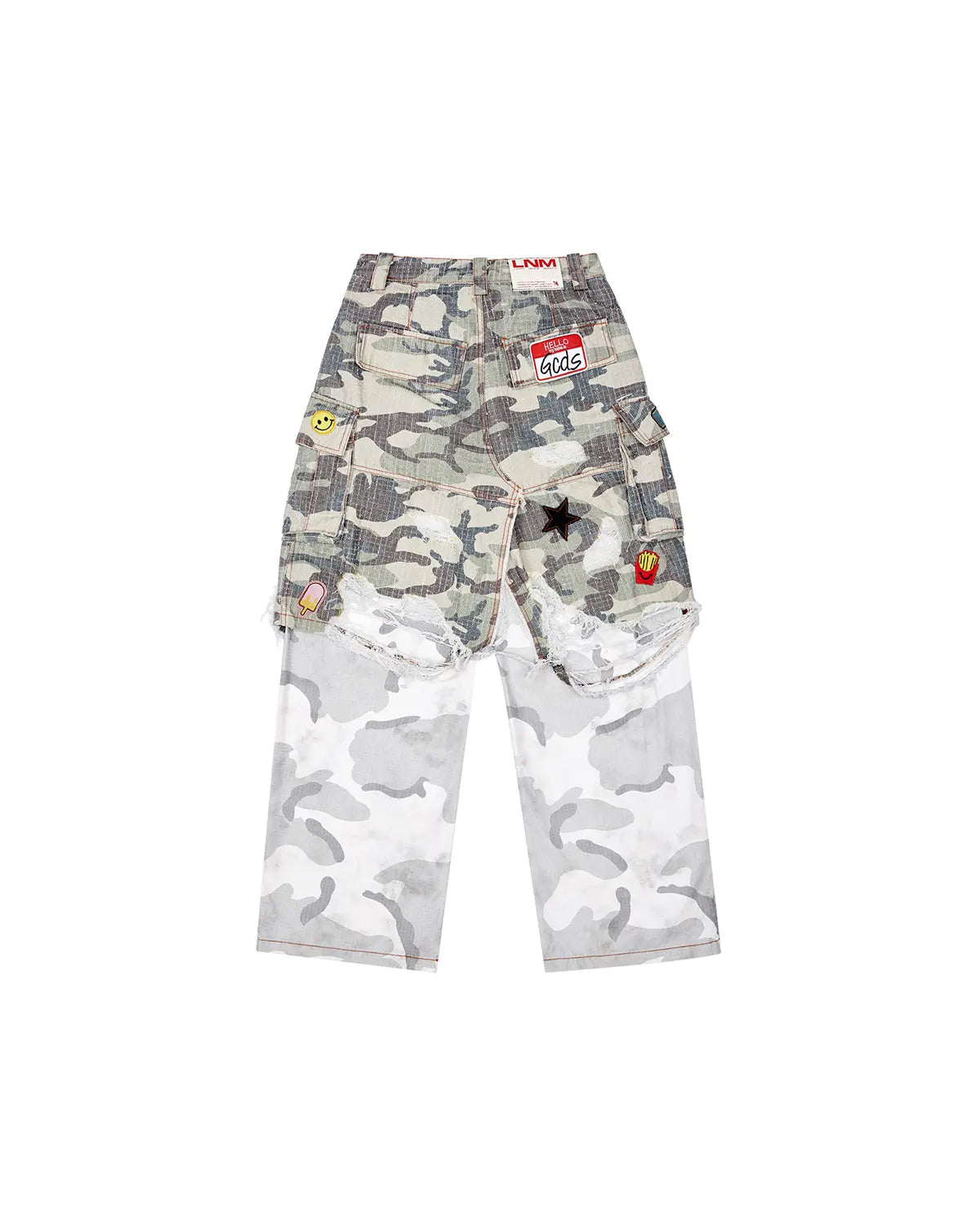 LNM Distressed Camo Patchwork Layered Pants