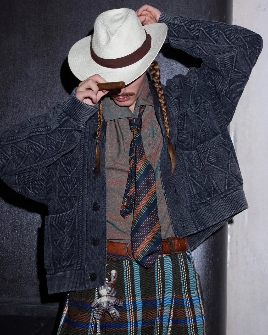 LNM Relaxed-Fit Cable-Knit Navy Cardigan Jacket