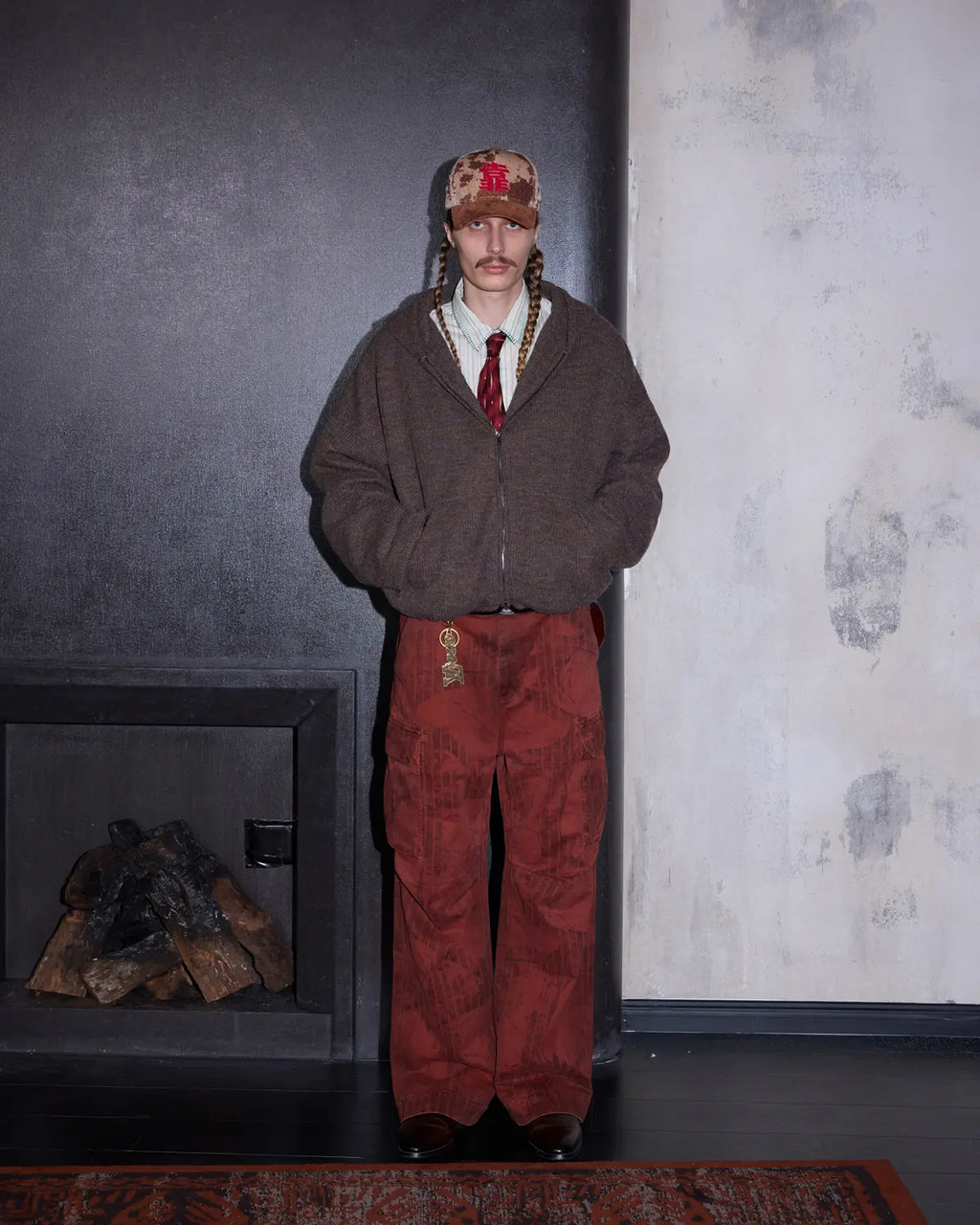 LNM Red Retro Tree Pattern Cargo Pants