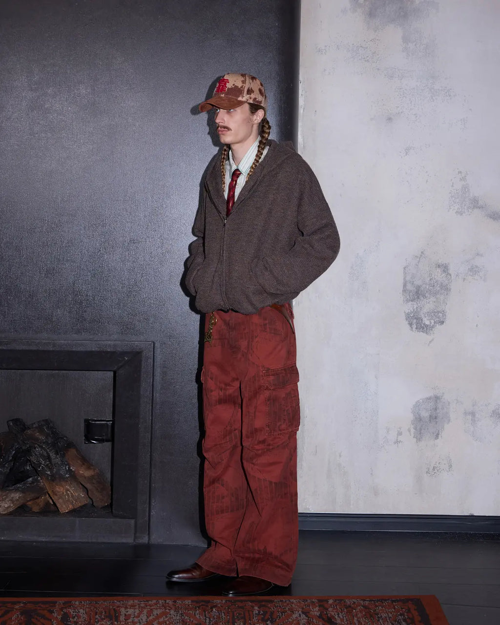 LNM Red Retro Tree Pattern Cargo Pants