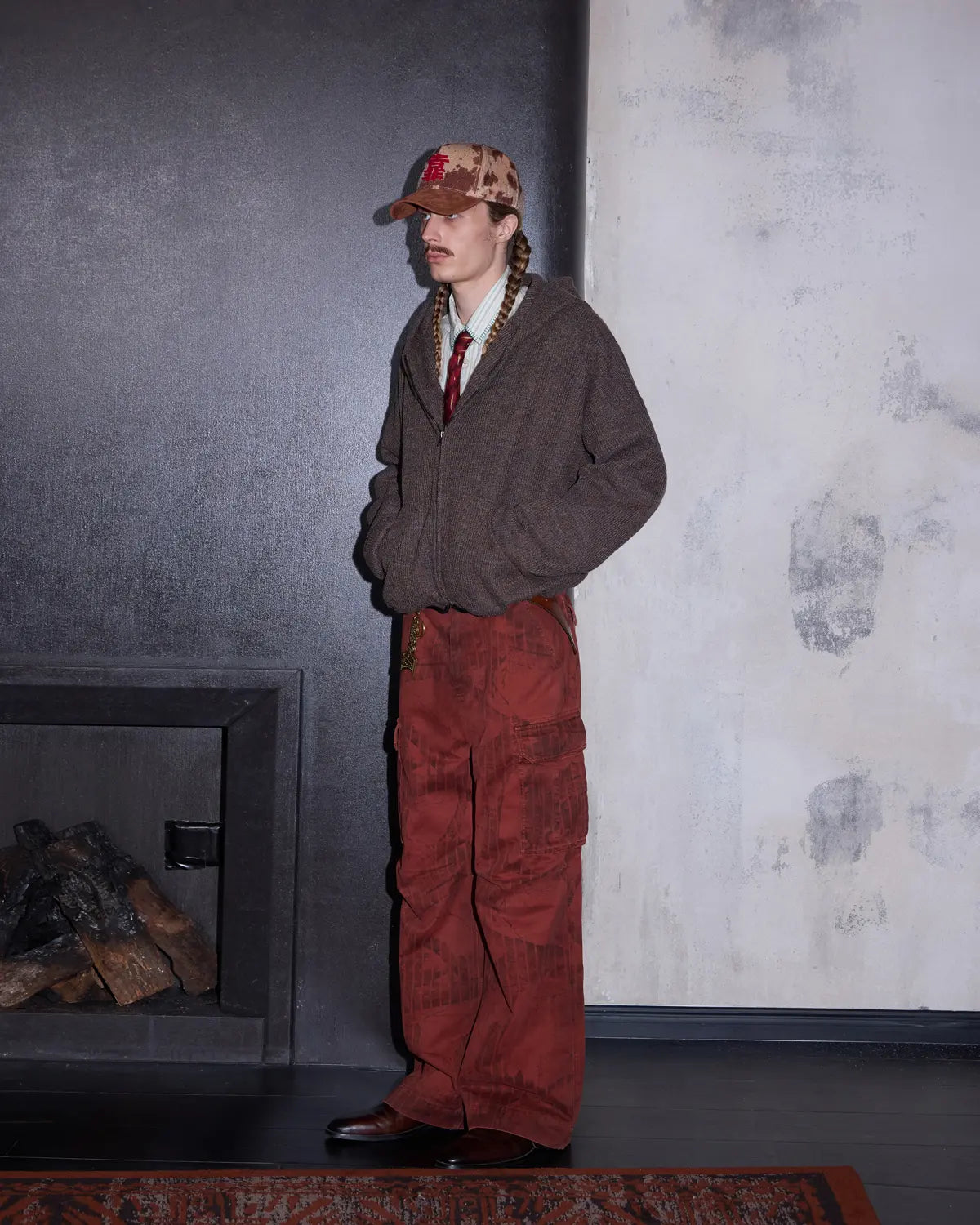 LNM Red Retro Tree Pattern Cargo Pants