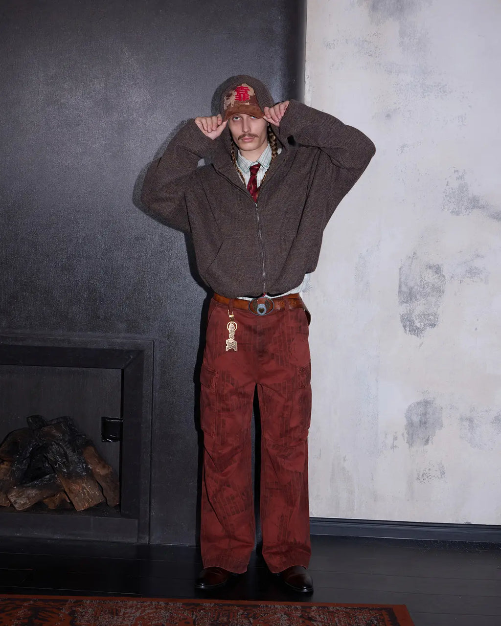 LNM Red Retro Tree Pattern Cargo Pants