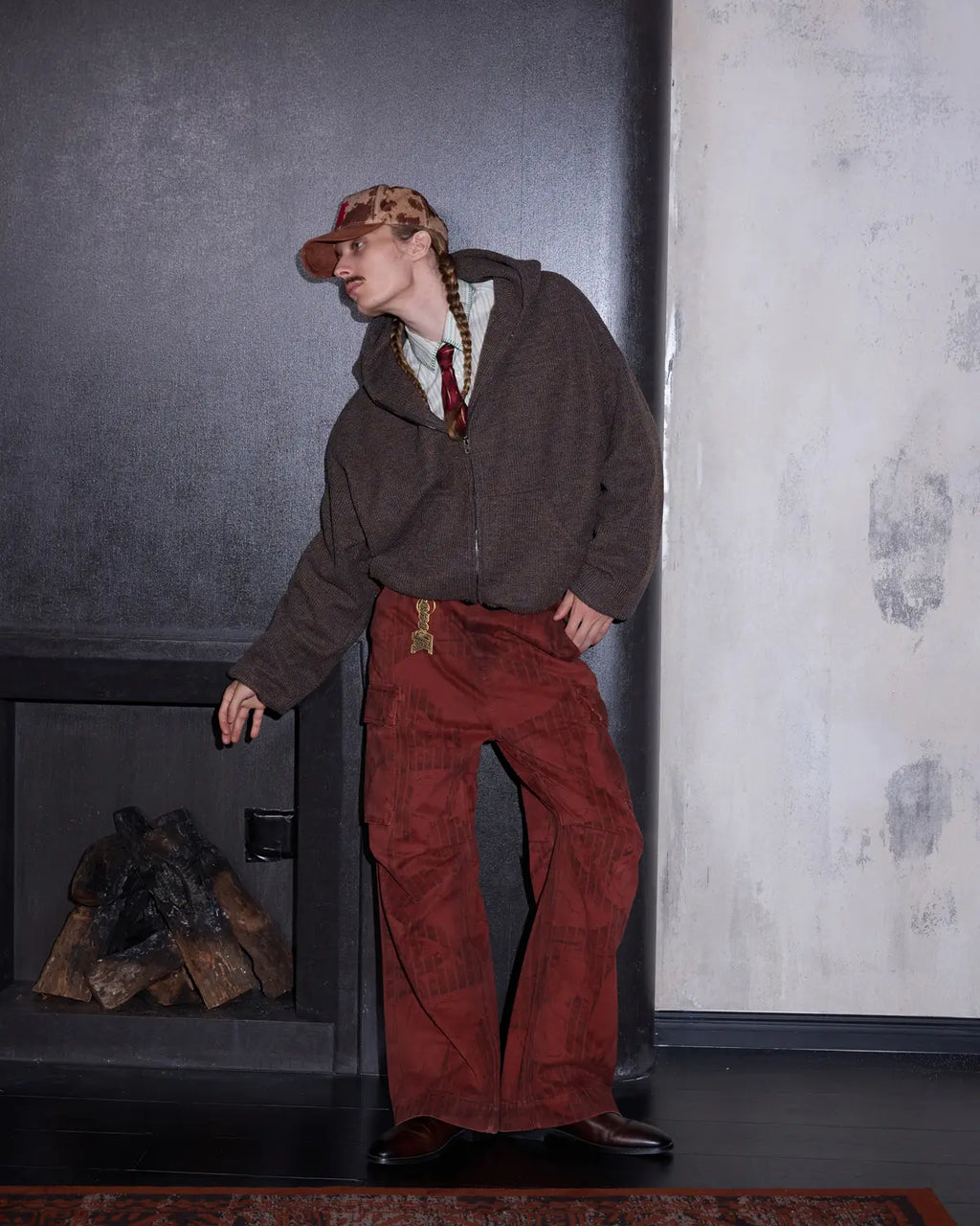 LNM Red Retro Tree Pattern Cargo Pants