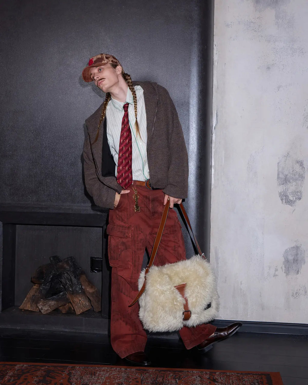 LNM Red Retro Tree Pattern Cargo Pants