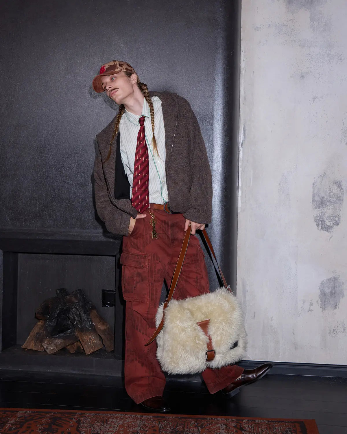 LNM Red Retro Tree Pattern Cargo Pants