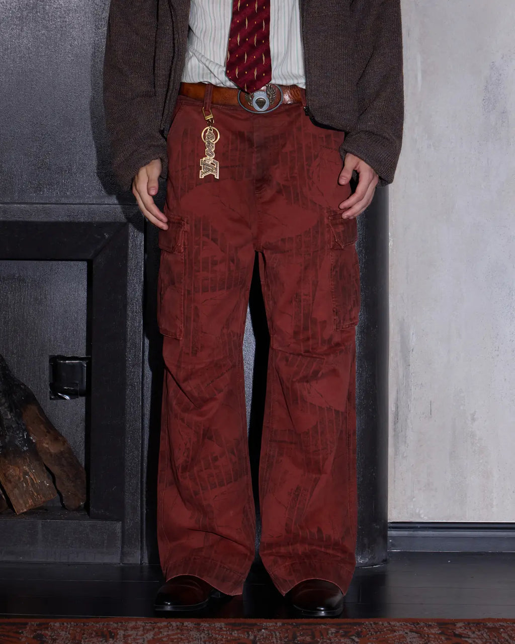 LNM Red Retro Tree Pattern Cargo Pants