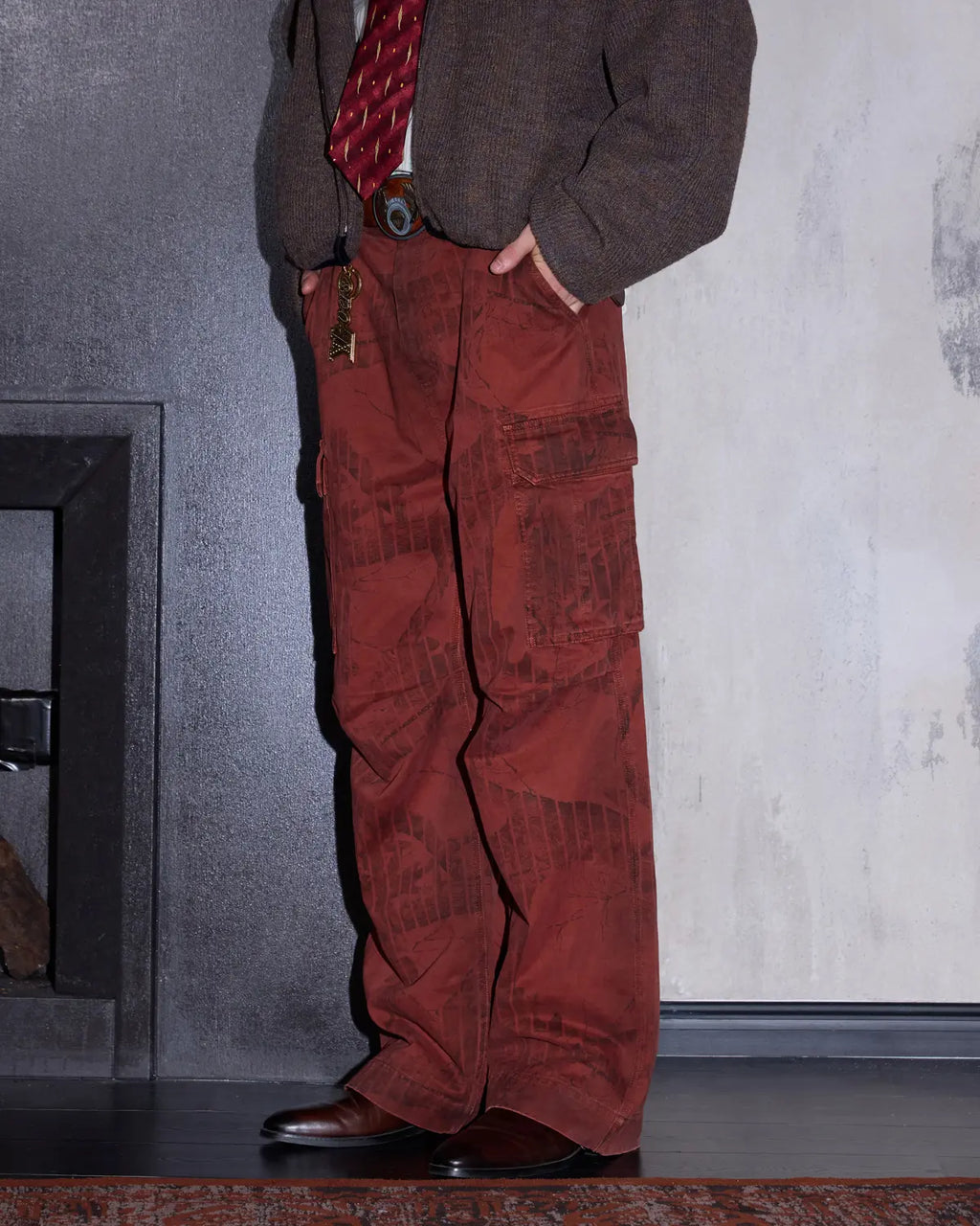 LNM Red Retro Tree Pattern Cargo Pants