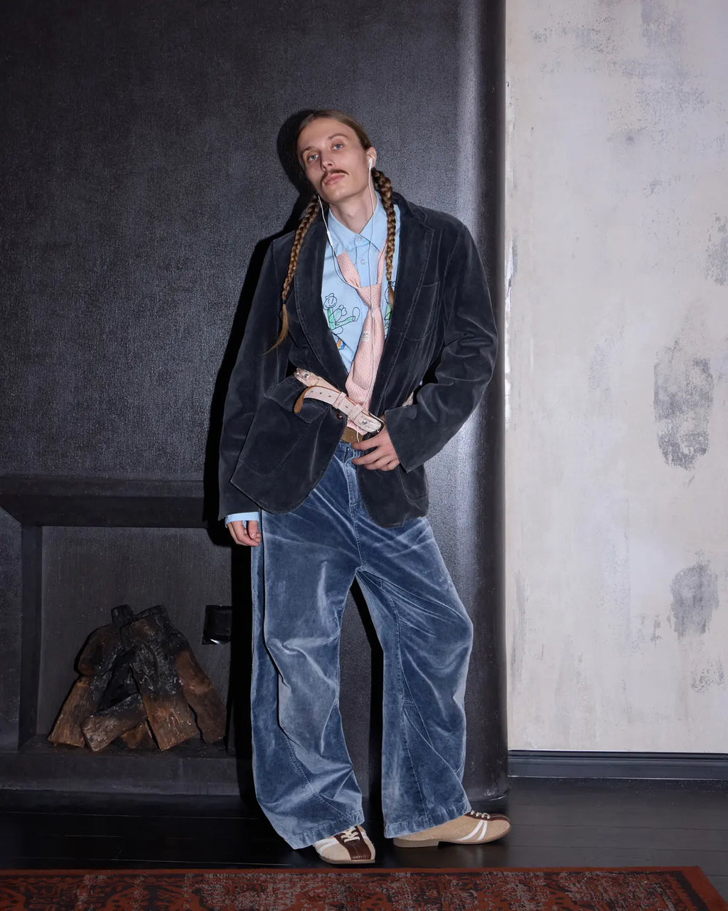 LNM Washed Black Embroidered Corduroy Blazer