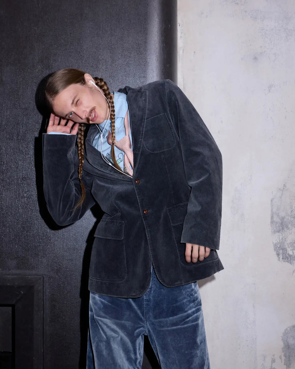LNM Washed Black Embroidered Corduroy Blazer