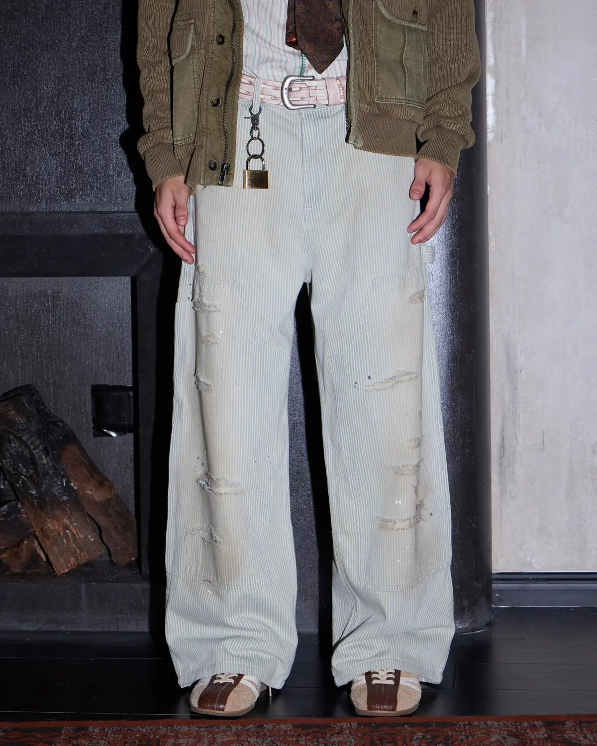LNM Hand-Splattered Distressed Stripe Denim Jeans