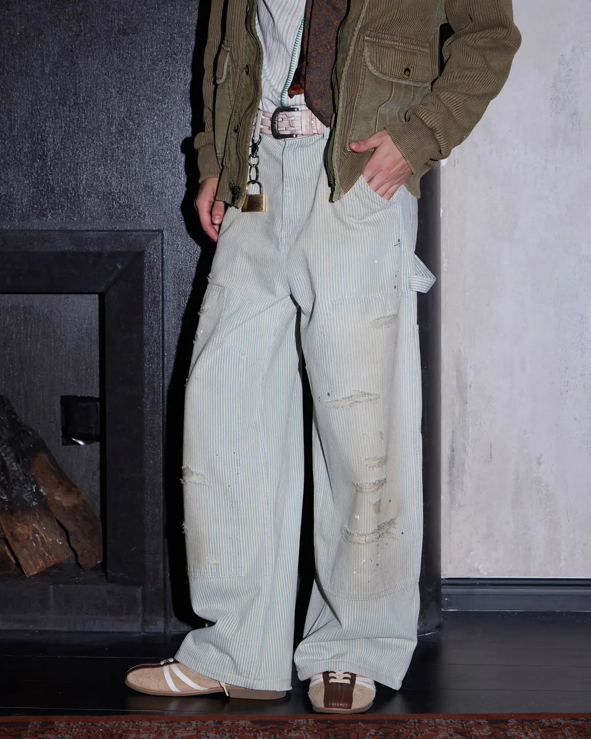 LNM Hand-Splattered Distressed Stripe Denim Jeans