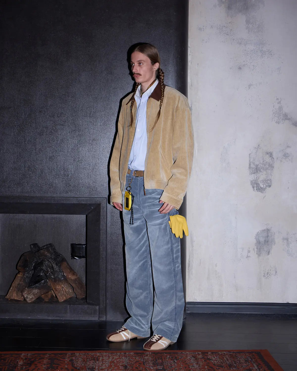 LNM Genuine Leather Collar Corduroy Jacket