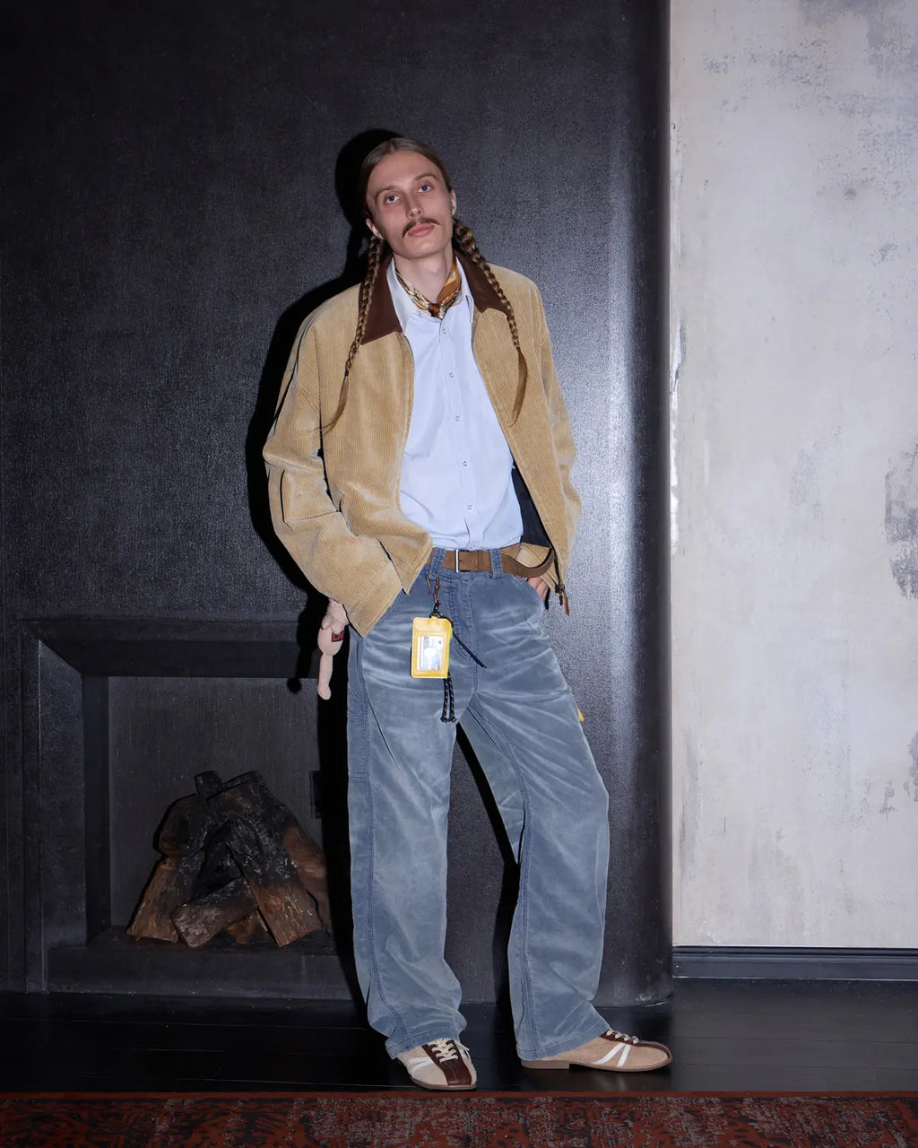 LNM Genuine Leather Collar Corduroy Jacket