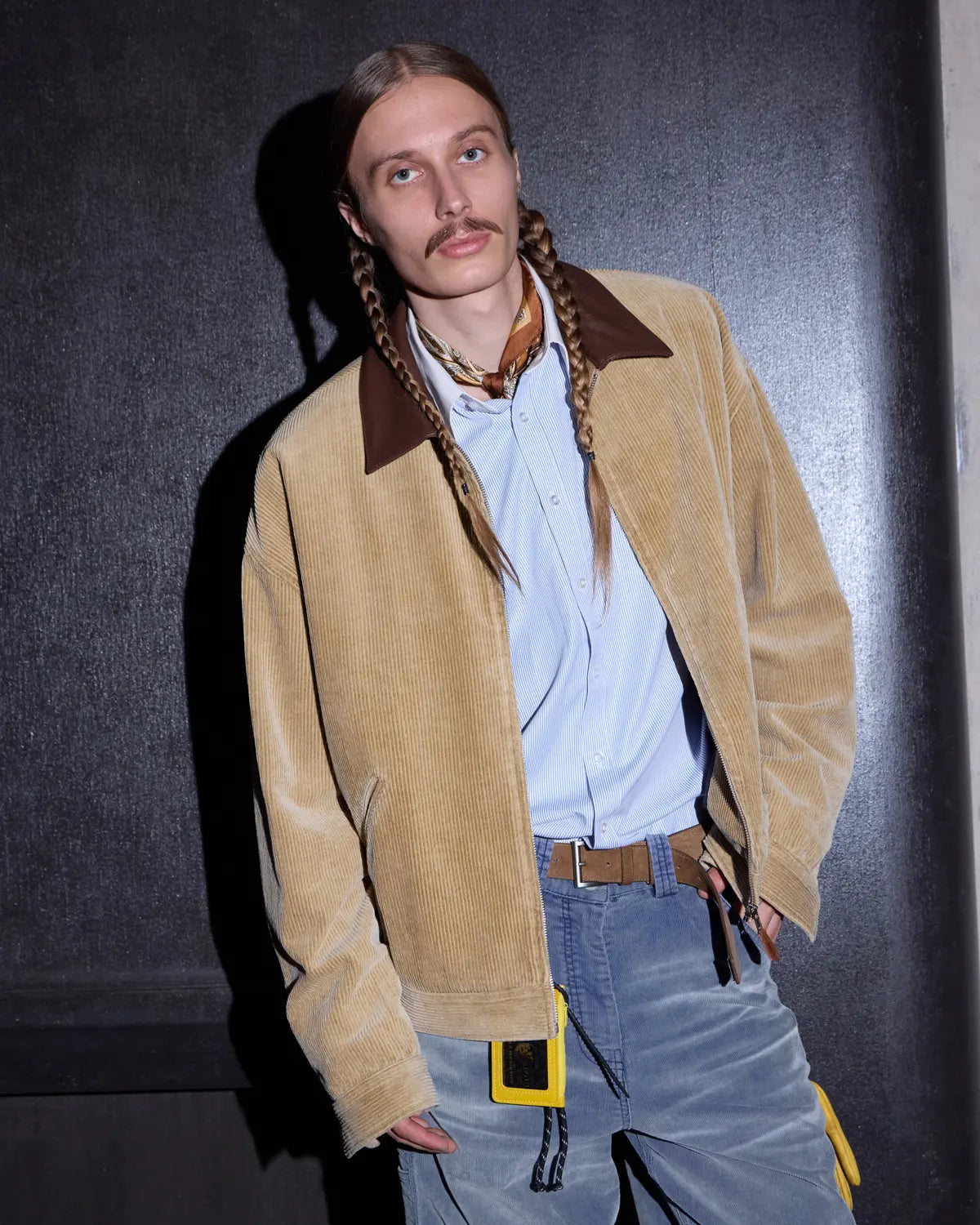 LNM Genuine Leather Collar Corduroy Jacket