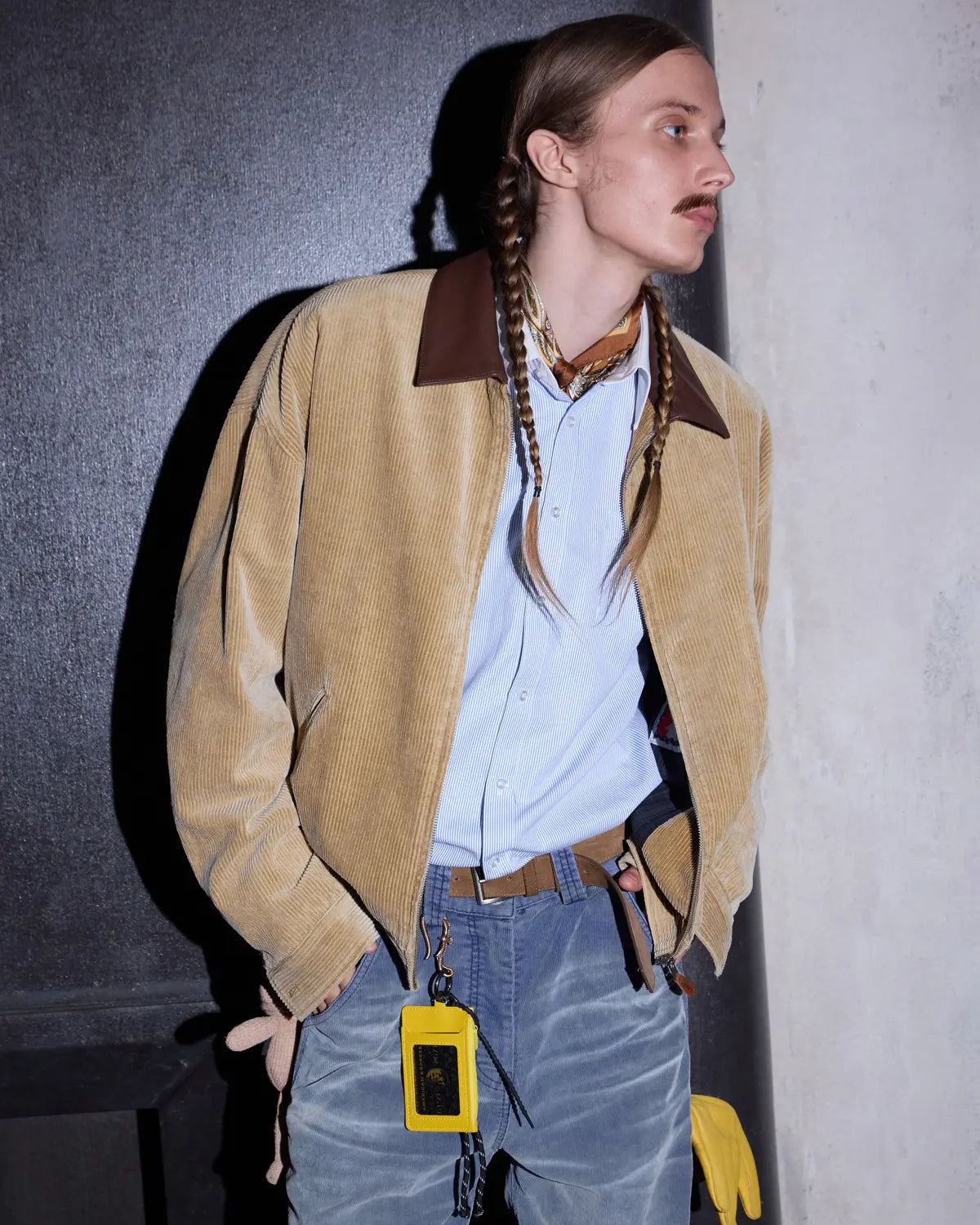 LNM Genuine Leather Collar Corduroy Jacket