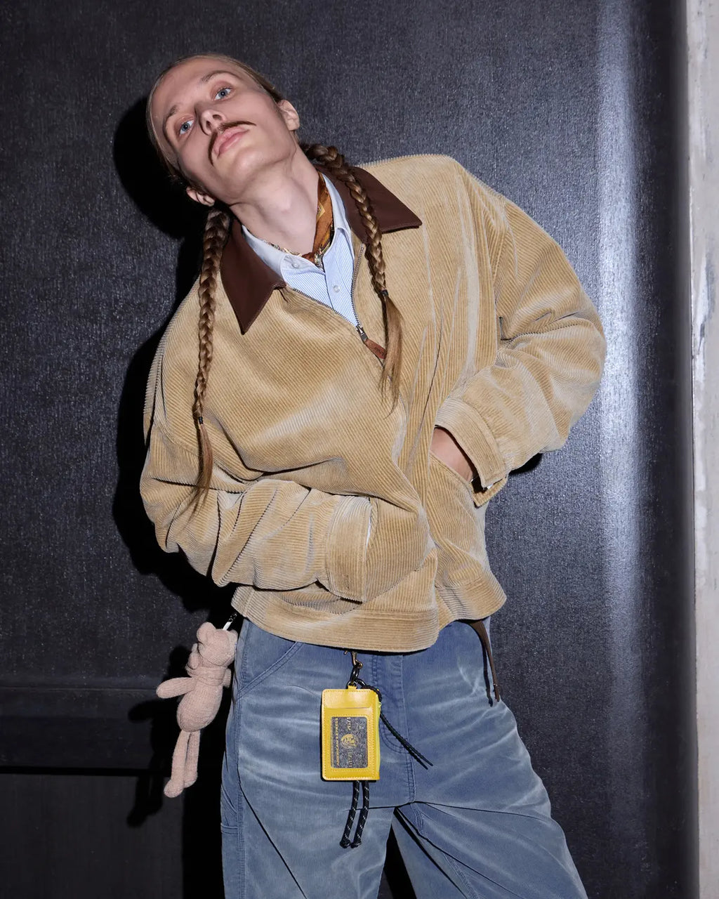 LNM Genuine Leather Collar Corduroy Jacket