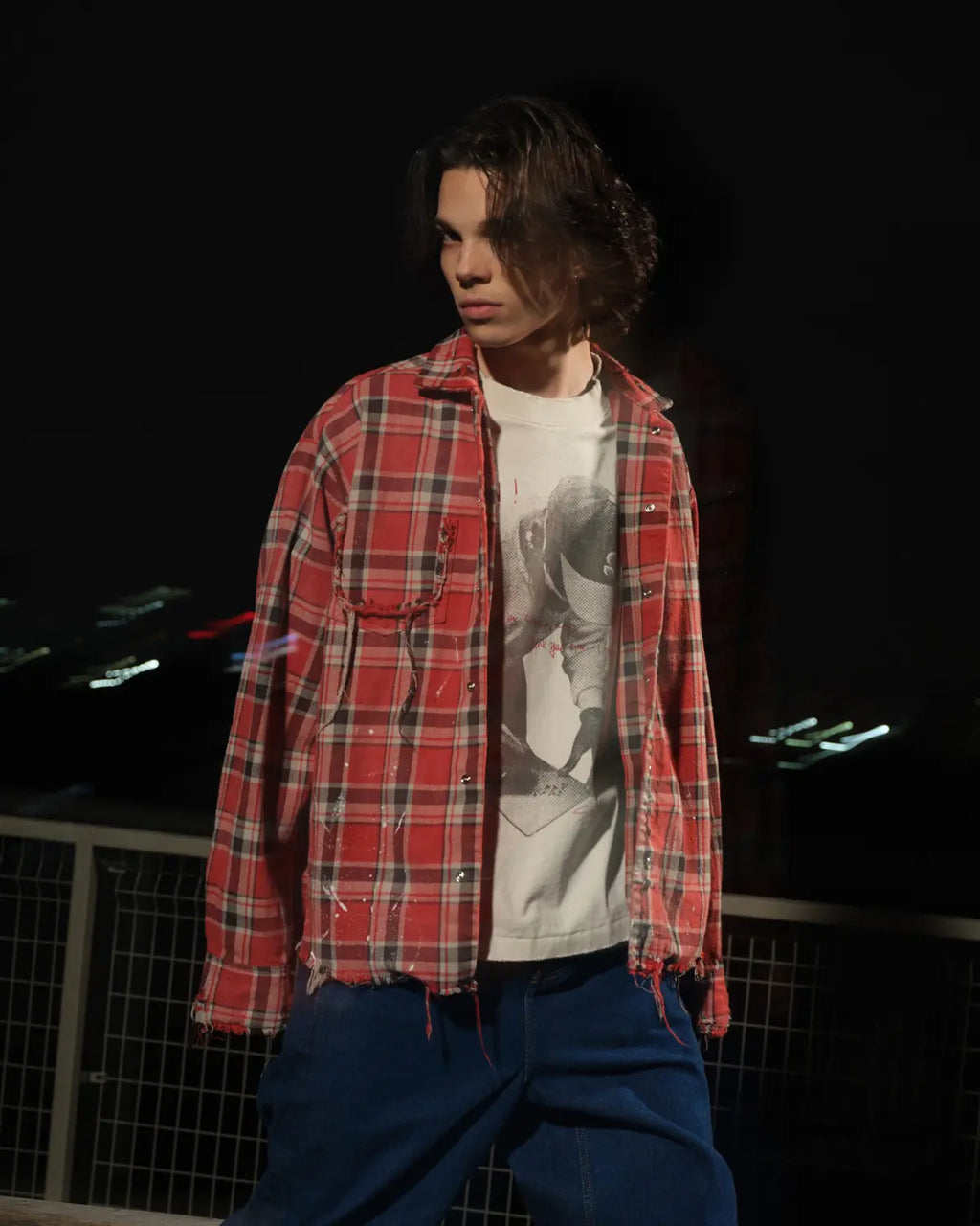 LNM Red & Blue Colorblock Plaid Distressed Shirt