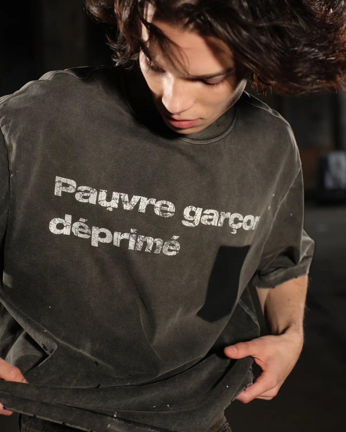 LNM “Pauvre garçon déprimé” Distressed Paint-Splatter Graphic T-Shirt Black