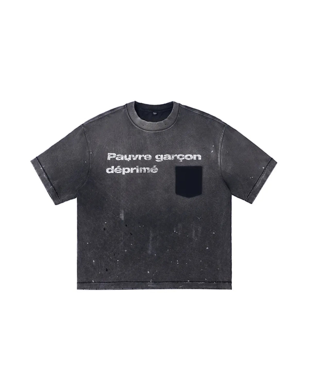 LNM “Pauvre garçon déprimé” Distressed Paint-Splatter Graphic T-Shirt Black