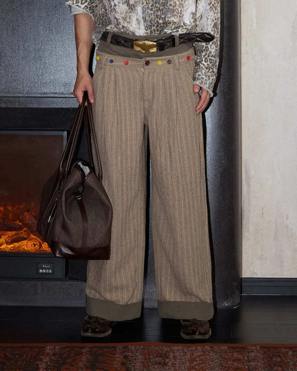 LNM Double-Waistband Striped Wide-Leg Pants Brown