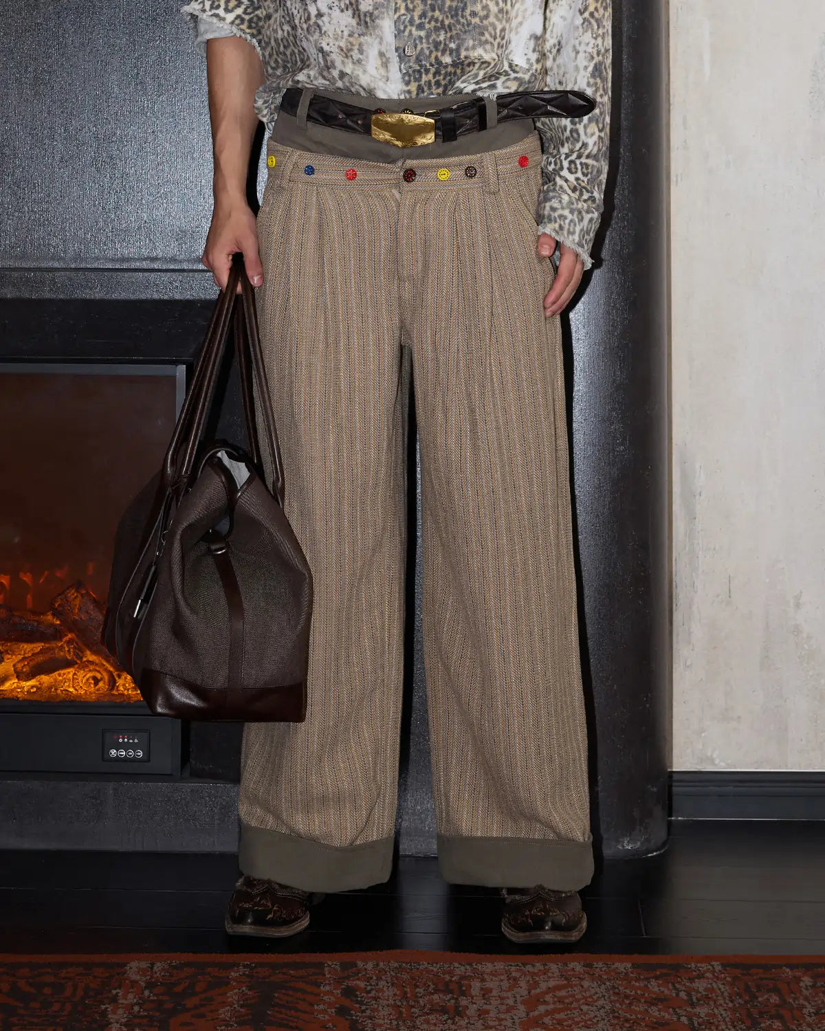 LNM Double-Waistband Striped Wide-Leg Pants Brown