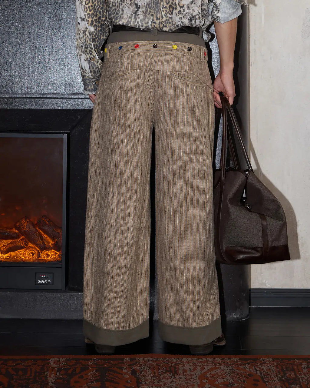 LNM Double-Waistband Striped Wide-Leg Pants Brown