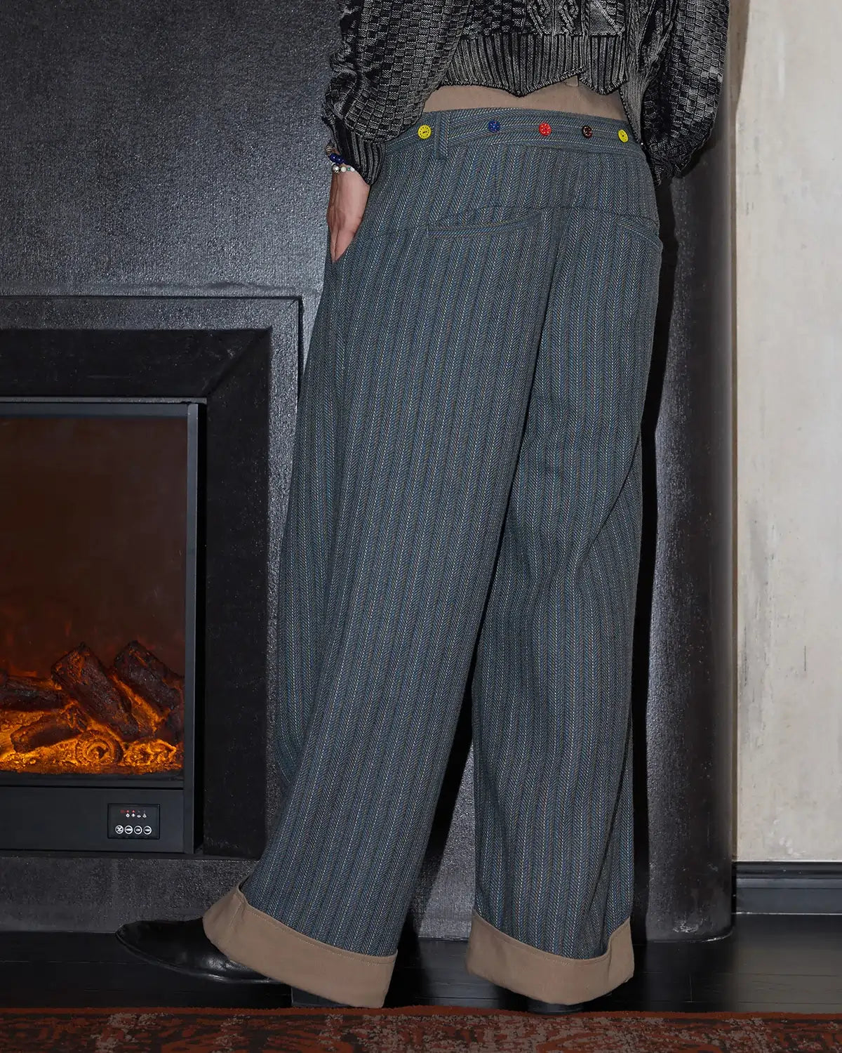 LNM Double-Waistband Striped Wide-Leg Pants Blue