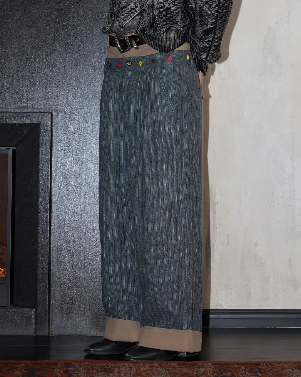 LNM Double-Waistband Striped Wide-Leg Pants Blue