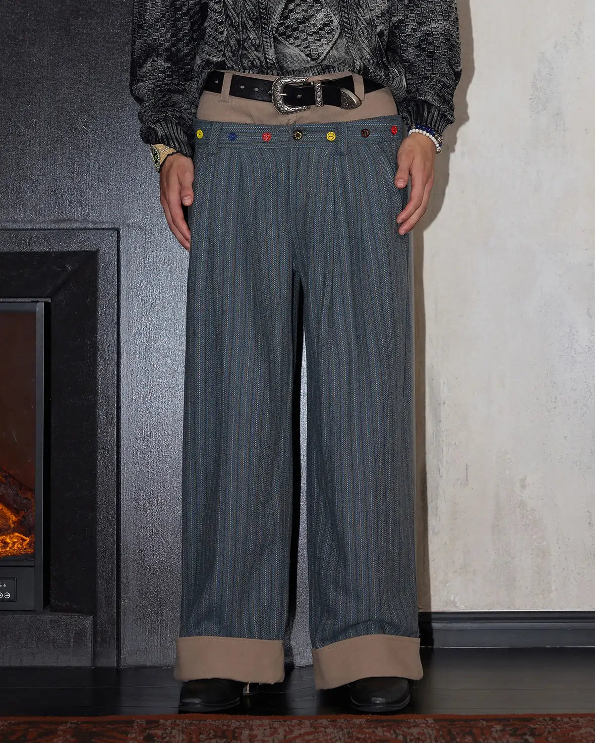 LNM Double-Waistband Striped Wide-Leg Pants Blue