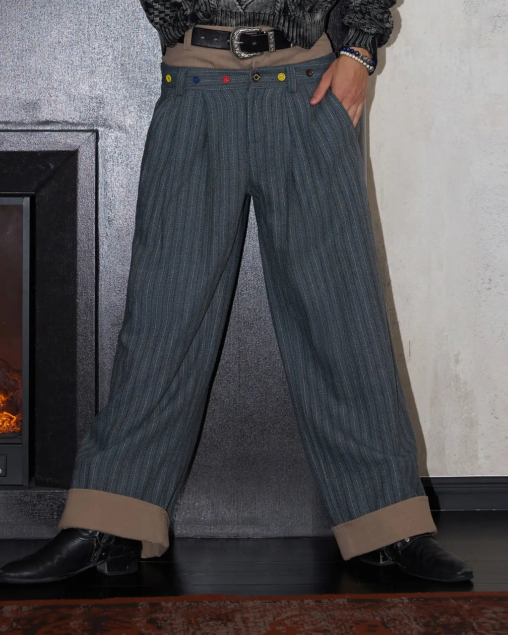 LNM Double-Waistband Striped Wide-Leg Pants Blue