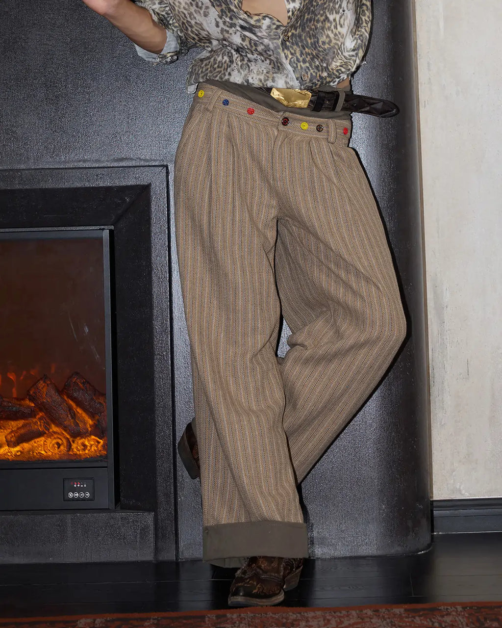LNM Double-Waistband Striped Wide-Leg Pants Brown