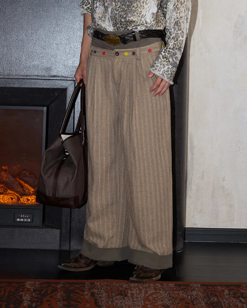 LNM Double-Waistband Striped Wide-Leg Pants Brown