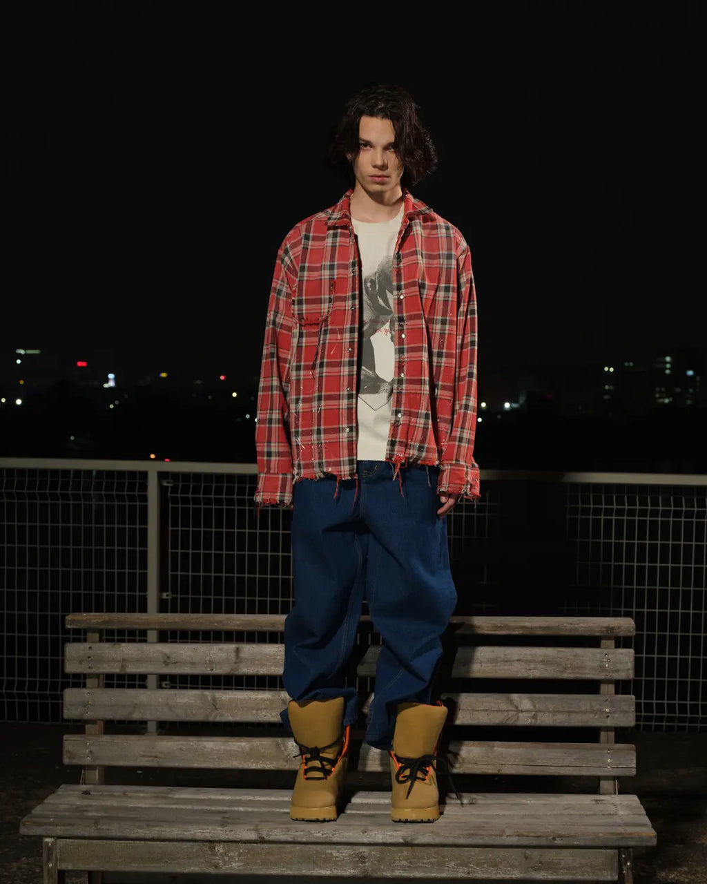 LNM Red & Blue Colorblock Plaid Distressed Shirt