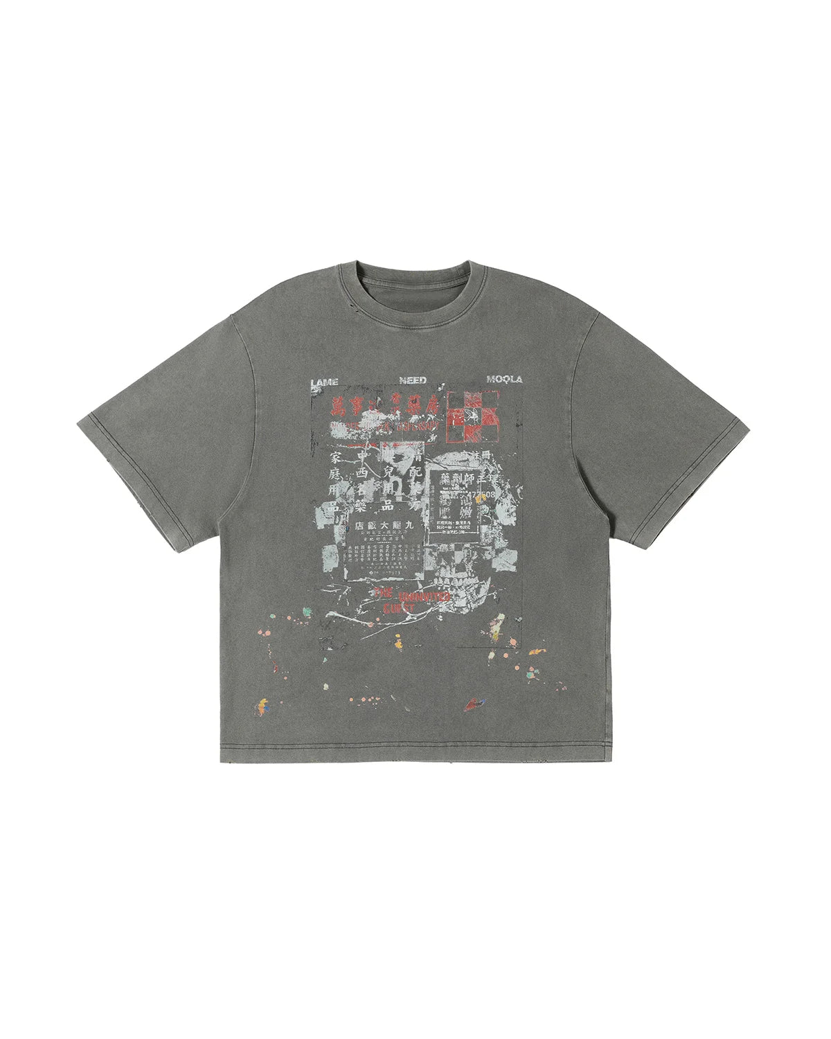 LNM Hong Kong Style Retro Washed Print T-Shirt Gray