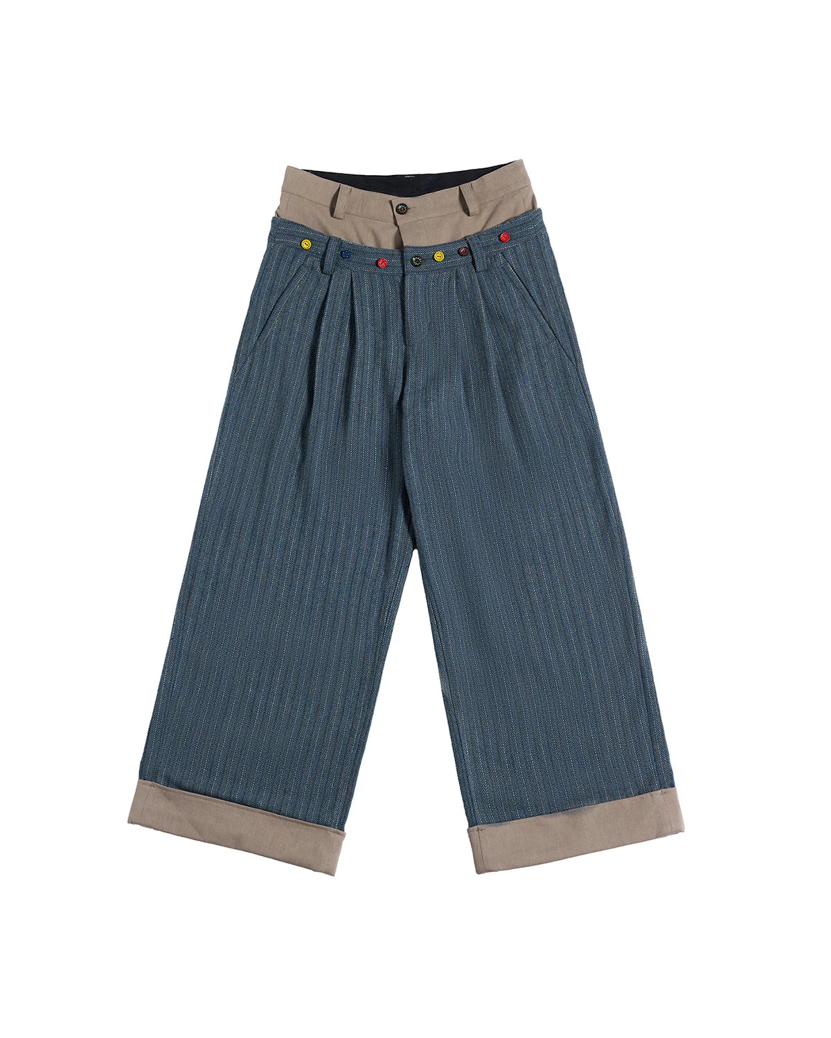 LNM Double-Waistband Striped Wide-Leg Pants Blue