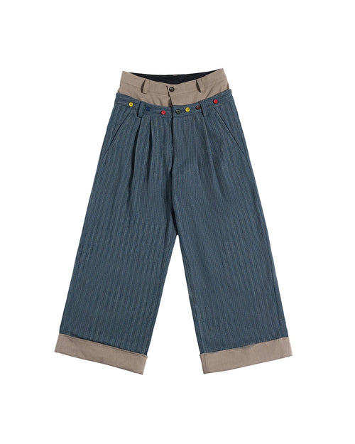 LNM Double-Waistband Striped Wide-Leg Pants Blue