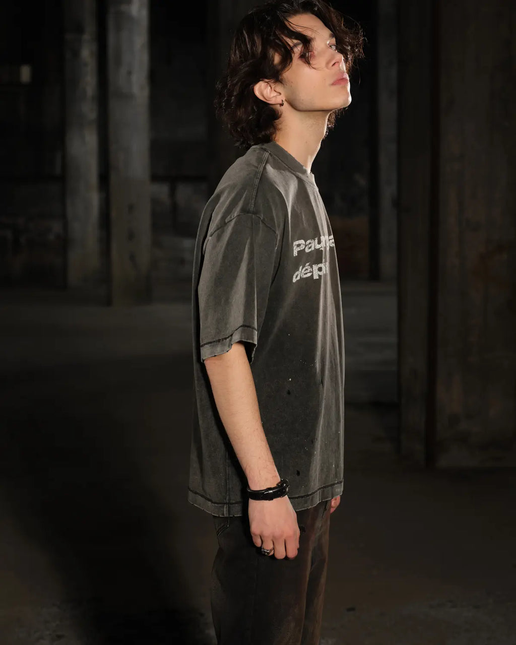 LNM “Pauvre garçon déprimé” Distressed Paint-Splatter Graphic T-Shirt Black