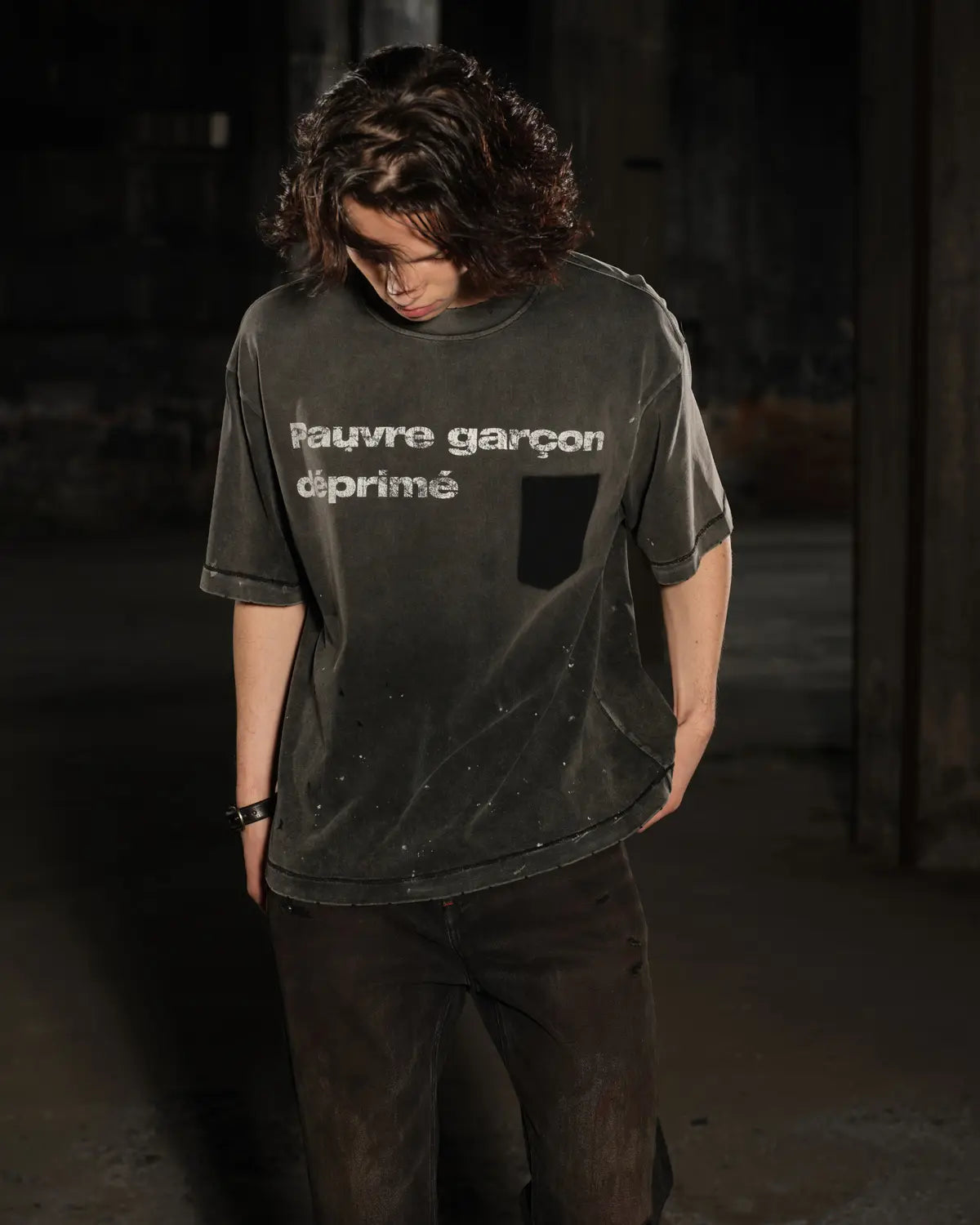 LNM “Pauvre garçon déprimé” Distressed Paint-Splatter Graphic T-Shirt Black