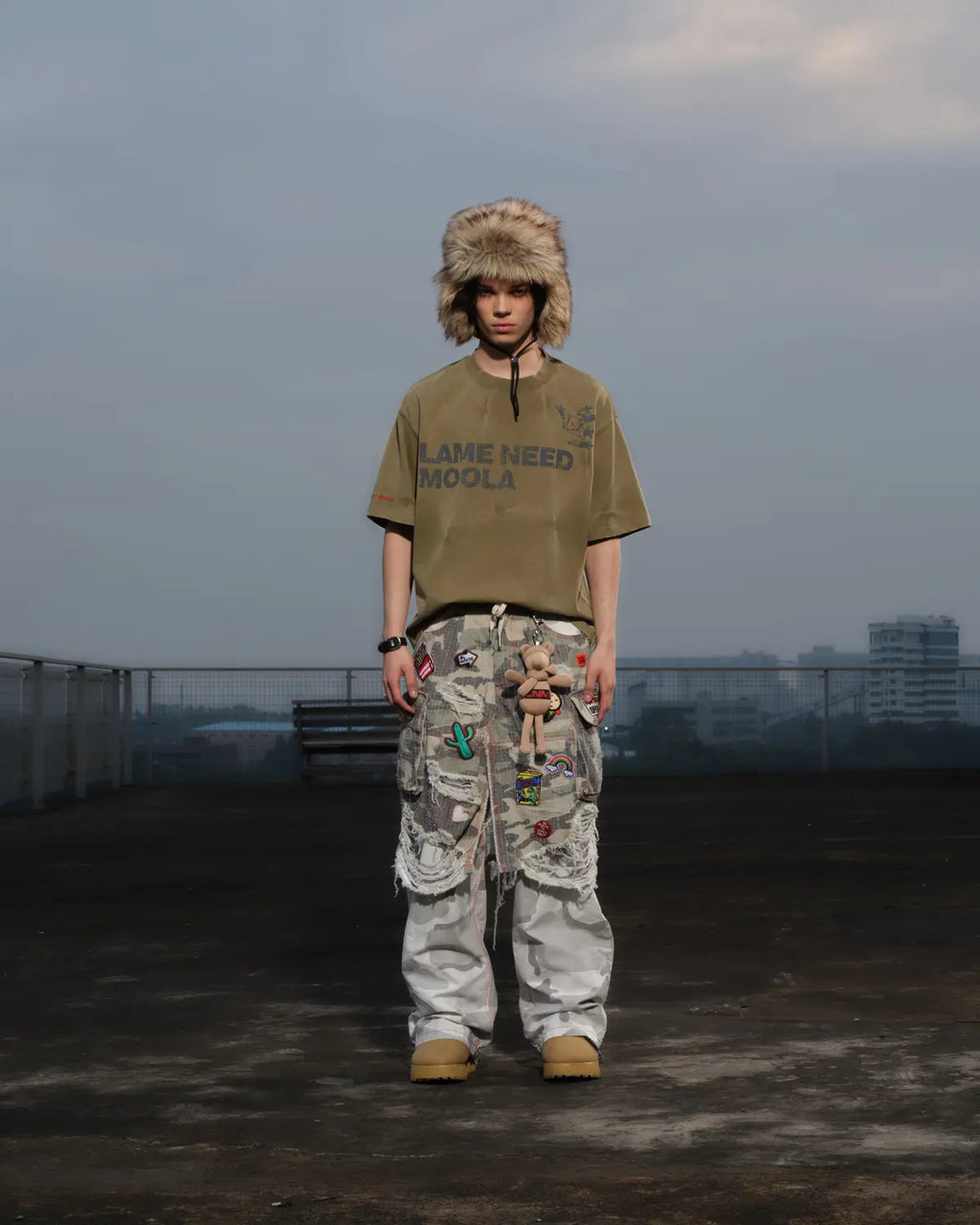 LNM Distressed Camo Patchwork Layered Pants