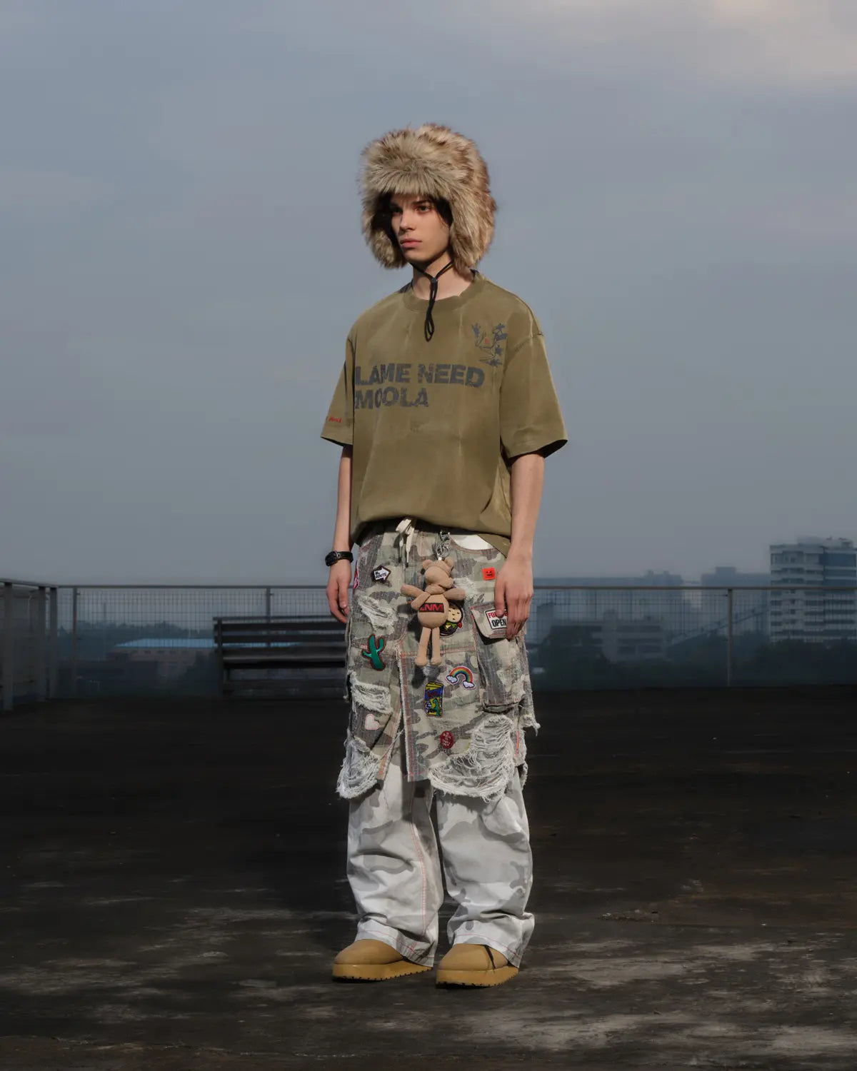 LNM Distressed Camo Patchwork Layered Pants