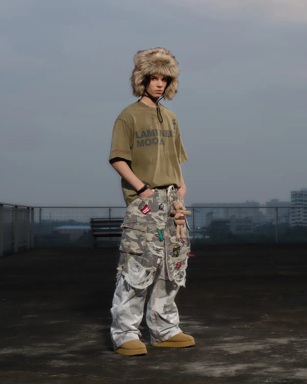 LNM Distressed Camo Patchwork Layered Pants