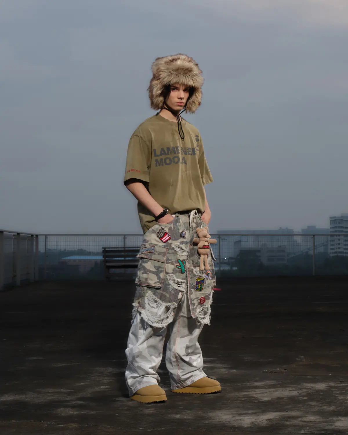 LNM Distressed Camo Patchwork Layered Pants
