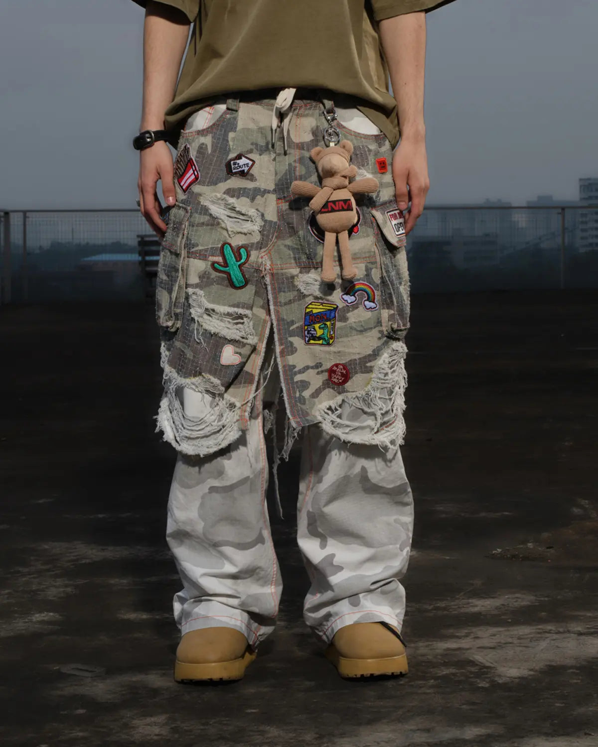 LNM Distressed Camo Patchwork Layered Pants