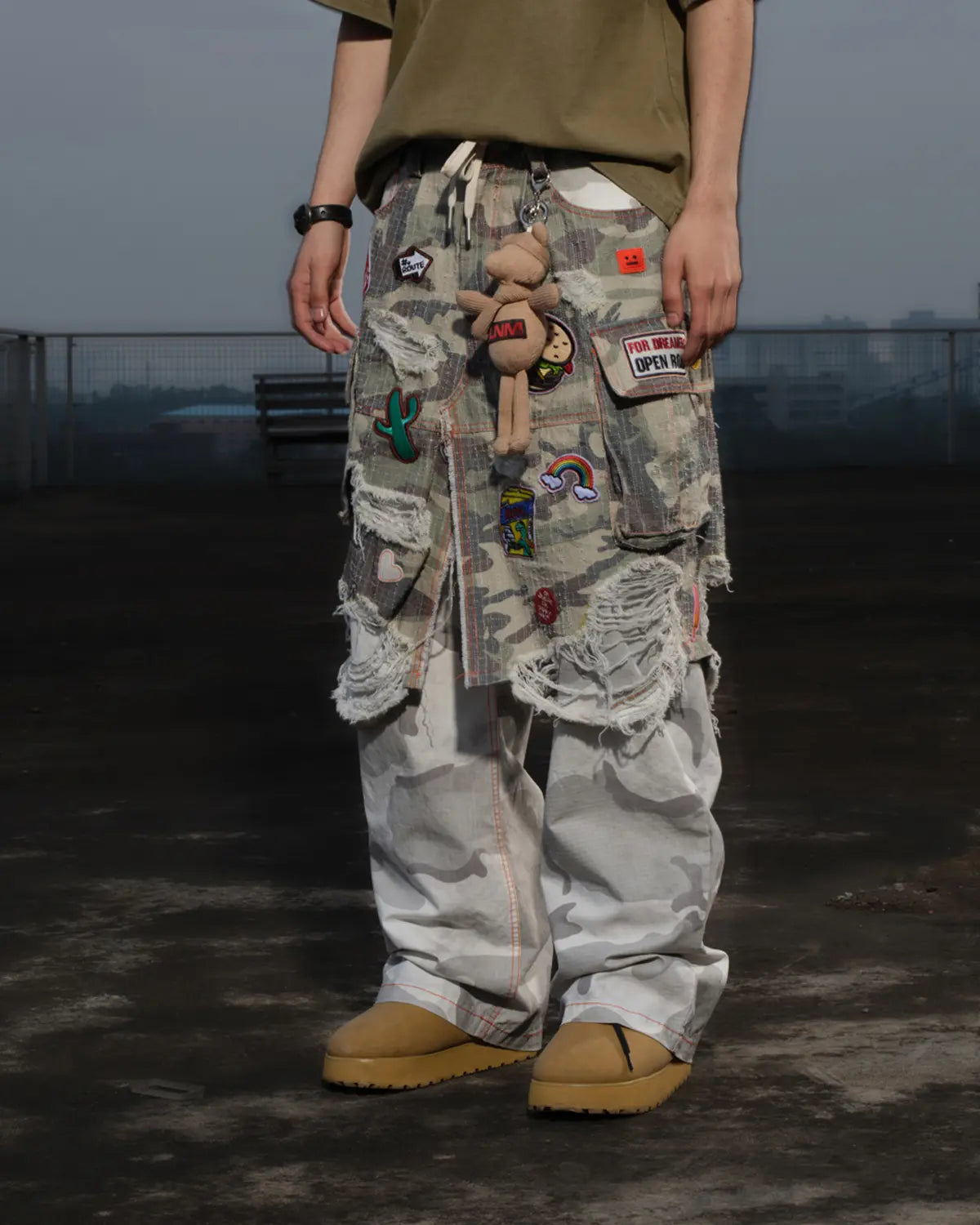 LNM Distressed Camo Patchwork Layered Pants